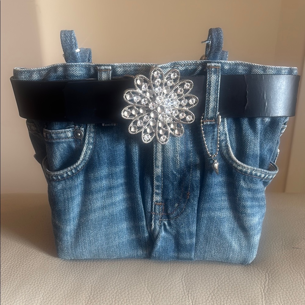 Denim Tote Bag with Black Belt Accent